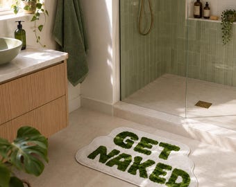 Get Naked badmat, grappig badkamerkleed, getufte antislip douchemat, mosgroene badkamerdecoratie, housewarming cadeau, wasbaar kleed