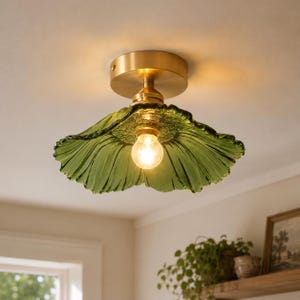 Vintage Flower Glass Pendant Light, Botanical Ceiling Lamp, Cottagecore Hanging Light, Brass Floral Kitchen Island Fixture, bedroom light