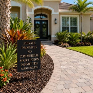 May include: A rectangular black sign with gold lettering that reads: PRIVATE PROPERTY NO COMMERCIAL SOLICITATION PERMITTED. S.501.062,F.S. The sign is mounted on a thin metal wire frame and is positioned in a garden bed next to a stone walkway.