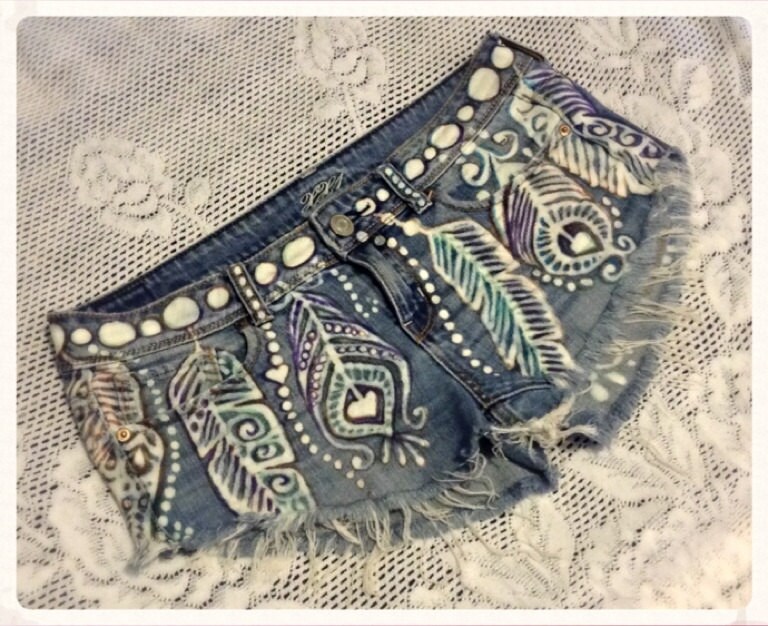 Hand painted upcycled feather shorts size medium Etsy