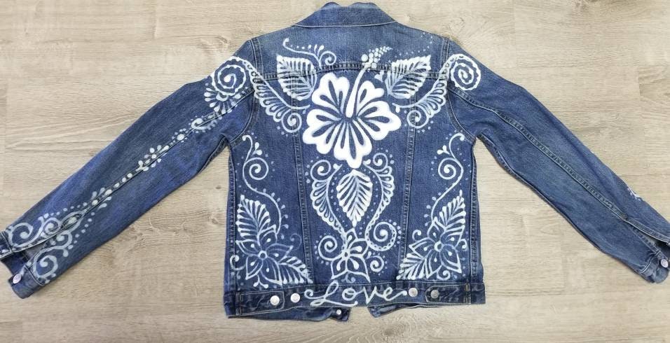 Remused Hawaiian Hibiscus design on upcycled denim jacket. | Etsy