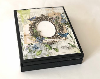 Scrapbooking-fotoalbum "Fångade fotografier", familjeklenod, svart interaktiv fotobok med fickor och fläckar för dagboksanteckningar