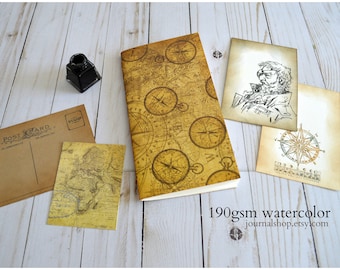 Travelers Notebook Insert with pockets and watercolor paper, Travel Journal Sketchbook with journaling spots, Gift for artist traveler