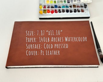Large Pl Leather Sketchbook with 140lb Cotton Watercolor Paper in Landscape,  Softcover Travel Journal, Arches Fine Arts Paper Cold Pressed