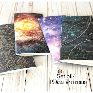 Conjunto de 4 cuadernos de bocetos de diarios de acuarela con tema de cielo nocturno de astronomía, inserto de recarga de cuaderno de viajeros, diario de arte de bolsillo, regalo para artista