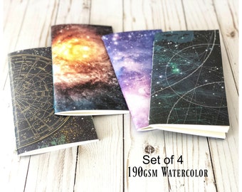 Set of 4 Watercolor Journals Sketchbooks with Astronomy Night Sky Theme,Travelers Notebook Refill Insert,Pocket Art Journal, Gift for Artist