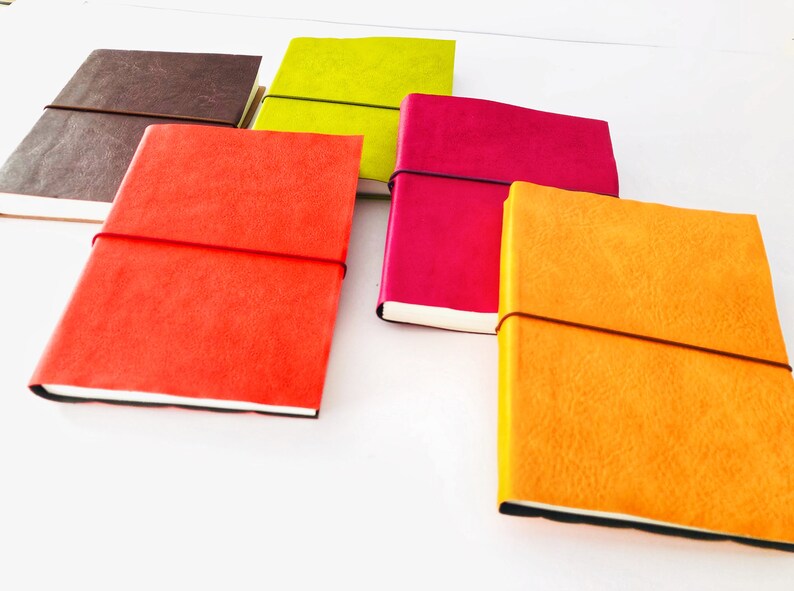 May include: Five small, colourful notebooks with elastic closures. The notebooks are brown, green, pink, orange, and red.