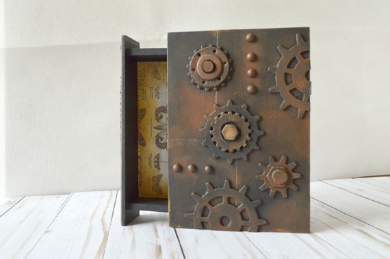 Secret Spine Book Box Wooden Box Industrial Decor Creative Gift For Mechanic Boyfriend Gift For Men Steampunk Decor Jewelry Box