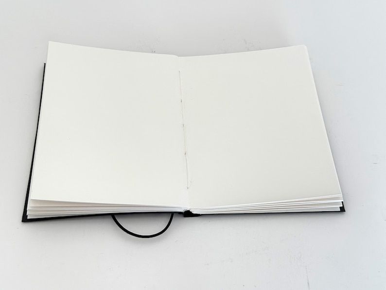 May include: A black blank notebook with a black elastic closure, open to reveal blank white pages.