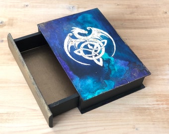 Fantasy Dragon Magic box, Dungeon Master Wooden Book with Secret Spine Drawer, Witchcraft Keepsake, RPG role playing cosplay  gift, Dice Box