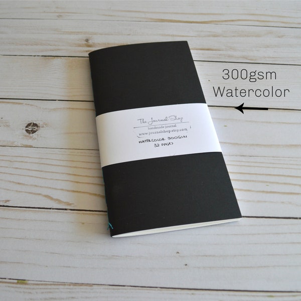 Black Watercolor Travelers Journal Sketchbook Notebook, TN insert with choice of supreme watercolor paper 300sm or 190 gsm, Artist Notebook