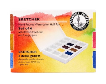 Daniel Smith Watercolor Sketchers Half Pans Travel set, Beginners Primary Set of 6 Professional Paint godets, Urban Sketcher Gift for Artist