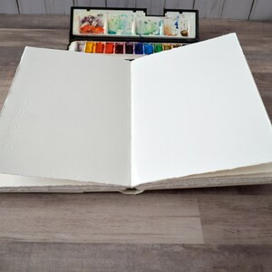 May include: An open blank watercolor sketchbook with a watercolor paint palette closed on top of it. The sketchbook is on a wood surface.