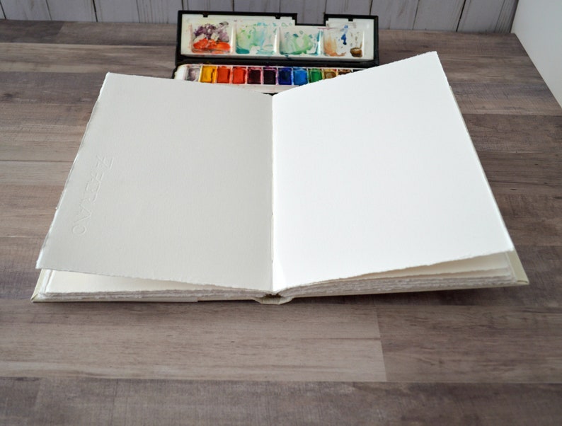 May include: An open blank watercolor sketchbook with a watercolor paint palette closed on top of it. The sketchbook is on a wood surface.