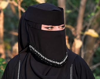 Elegante niqab negro con cuentas / Velo facial modesto al estilo saudí