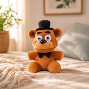 Puede incluir: Un peluche de oso marrón que lleva un sombrero de copa negro y una pajarita negra. El oso tiene ojos azul claro, una nariz redonda negra y detalles cosidos en el hocico. El peluche está hecho de tela suave y tiene una postura sentada.