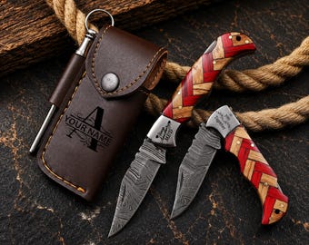 Personalized Handmade Damascus Pocket Knife, Groomsmen Gift, Anniversary Gift for him, Gifts for dad, Birthday Gift, Graduation gifts