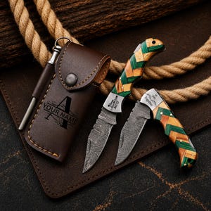 Personalized Damascus Pocket Knife, Custom Engraved Folding Knife Wood Handle, Groomsmen Gift, Father's Day Gift for Husband, Boyfriend