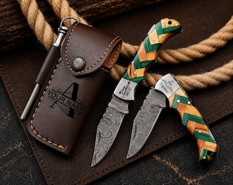 Personalized Damascus Pocket Knife, Custom Engraved Folding Knife Wood Handle, Groomsmen Gift, Father's Day Gift for Husband, Boyfriend