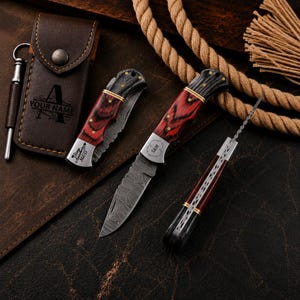 Personalized Handmade Damascus Pocket folding knife wood handle Custom Groomsmen Gift Anniversary gift for him wedding gift Birthday gift
