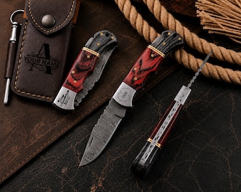 Personalized Handmade Damascus Pocket folding knife wood handle Custom Groomsmen Gift Anniversary gift for him wedding gift Birthday gift