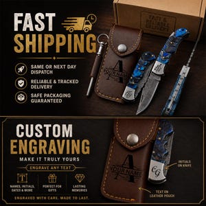 May include: A folding pocket knife with a blue and black patterned handle and a metallic blade, accompanied by a brown leather pouch featuring the engraved text 'YOUR NAME' and 'A', alongside a small metal tool and a cardboard box.