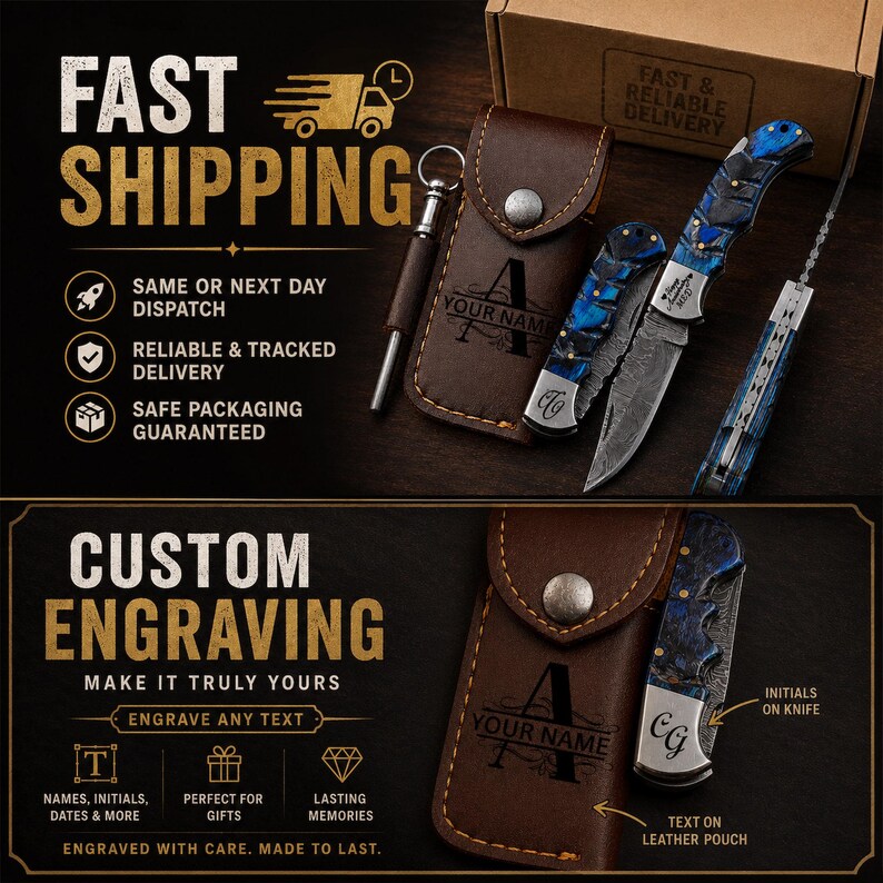 May include: A folding pocket knife with a blue and black patterned handle and a metallic blade, accompanied by a brown leather pouch featuring the engraved text 'YOUR NAME' and 'A', alongside a small metal tool and a cardboard box.