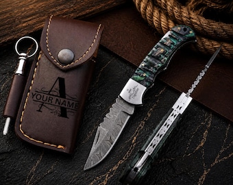 Personalized Damascus Folding Pocket Knife, Wood Handle, Leather Sheath, Custom Groomsmen, Anniversary, Wedding, Birthday Gift for Him
