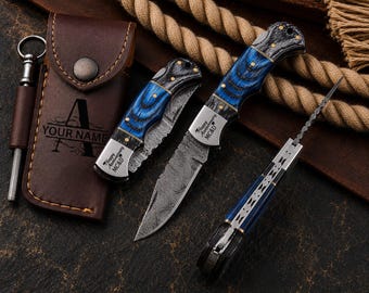 Handmade Damascus Pocket Knife Personalized Gift for Men Custom Groomsmen Gift Anniversary Gift for him Dad Husband Christmas gifts for him