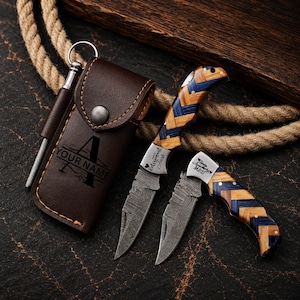 Personalized Handmade Damascus Pocket Folding knife wood handle Custom Groomsmen Gift Anniversary gift for him wedding gift Birthday gift