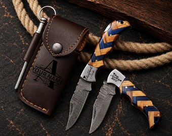 Personalized Handmade Damascus Pocket Folding knife wood handle Custom Groomsmen Gift Anniversary gift for him wedding gift Birthday gift