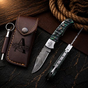 Personalized Damascus Folding Pocket Knife, Wood Handle, Leather Sheath, Custom Groomsmen, Anniversary, Wedding, Birthday Gift for Him