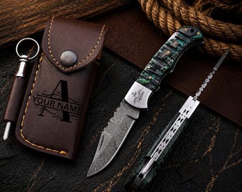 Personalized Damascus Folding Pocket Knife, Wood Handle, Leather Sheath, Custom Groomsmen, Anniversary, Wedding, Birthday Gift for Him