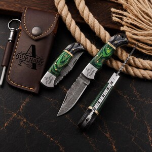 Custom Damascus Pocket Knife, Personalized Folding Knife, Unique Christmas Gift for Men, Birthday Groomsman Gift, Wedding Anniversary Gift