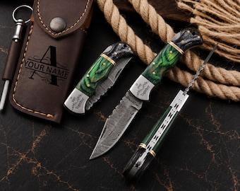 Custom Damascus Pocket Knife, Personalized Folding Knife, Unique Christmas Gift for Men, Birthday Groomsman Gift, Wedding Anniversary Gift