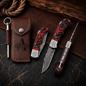 Personalized Handmade Damascus Folding Pocket Knife Wood Handle Leather Sheath Custom Groomsmen Anniversary Wedding Birthday Gift for Him