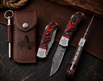 Personalized Handmade Damascus Folding Pocket Knife Wood Handle Leather Sheath Custom Groomsmen Anniversary Wedding Birthday Gift for Him