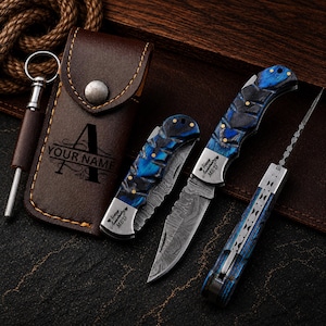 Personalized Handmade Damascus Pocket Knife, Groomsmen Gifts Anniversary Gift for Him Father's Day Gifts for Husband, Men, Custom Men Gifts