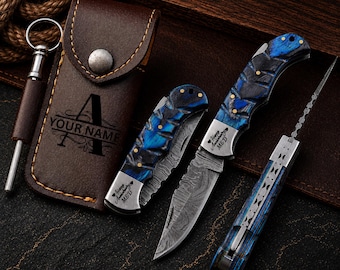 Personalized Handmade Damascus Pocket Knife, Groomsmen Gifts Anniversary Gift for Him Father's Day Gifts for Husband, Men, Custom Men Gifts