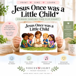 Könnte beinhalten: Ein digitales Flipchart mit dem Titel Jesus Once was a Little Child, das eine zentrale Illustration einer Figur mit langem braunem Haar zeigt, die auf Gras sitzt und von vier Kindern umgeben ist. Der Text enthält Print, Sing, Learn und Voices N Light.