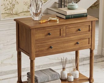 Handmade Solid Wood Console Table, 3 Drawers, Open Shelf Entryway Table