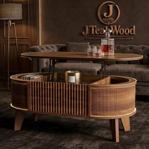 May include: A wooden oval coffee table with a lift-top mechanism, featuring a fluted exterior design, internal storage compartments, and four sturdy legs. The table is finished in a warm brown tone and includes integrated lighting along the base.