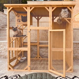 May include: A large, light-colored wooden cat enclosure featuring multiple levels, wire mesh walls, and a hinged door. The structure includes a small elevated house with a cat-shaped cutout and paw prints, plus two cats resting inside on platforms.