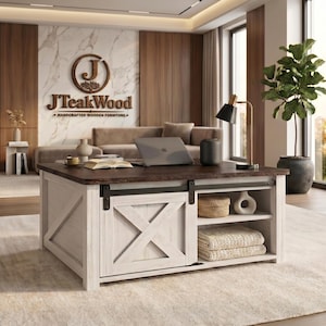 May include: A rectangular coffee table with a dark brown wooden top and a distressed white base. It features a sliding barn-style door with an X-pattern, black metal hardware, and open shelving on the right side containing a woven basket and folded linens.