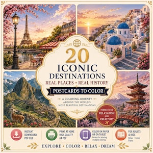 May include: A digital colouring book titled 20 Iconic Destinations Real Places Real History Postcards to Colour. The cover features four illustrations of global landmarks including the Eiffel Tower, Greek islands, Machu Picchu, and a Japanese pagoda.