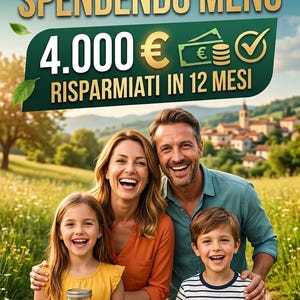 Könnte beinhalten: Eine vierköpfige Familie auf einem Feld mit dem Text GUADAGNA LIBERTÀ E FELICITÀ: IL TUO METODO PRATICO, VIVERE MEGLIO SPENDENDO MENO, 4.000 € RISPARMIATI IN 12 MESI. Das Kind im Vordergrund hält ein Glas mit der Aufschrift RISPARMI.