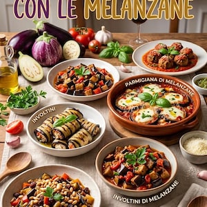 May include: A cookbook cover titled La Raccolta Definitiva per Amanti del Sapore Mediterraneo 100 RICETTE CON LE MELANZANE featuring various aubergine dishes including parmigiana, involtini, and caponata siciliana arranged on a wooden table.