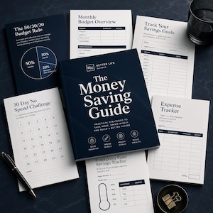 May include: A collection of financial planning documents including a dark blue book titled The Money Saving Guide, alongside sheets for a 50/30/20 budget rule, monthly budget overview, savings goals, a 30-day no spend challenge, and an expense tracker.