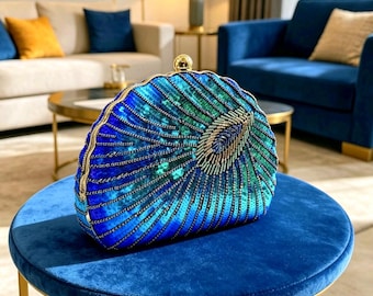 Peacock sequined beaded clutch bag | Green and blue evening bag | Elegant wedding ceremony bag | Gift for her | Bridal clutch bag | Women's bag