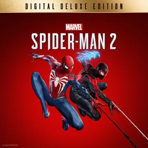 以下が含まれることがあります： ビデオゲーム「Marvel Spider-Man 2 Digital Deluxe Edition」のカバーアート。赤、青、黒のスーツを着た2人のキャラクターが赤い背景に描かれています。一方は白いクモのエンブレムを付け、もう一方は青い電気エネルギーを放っています。